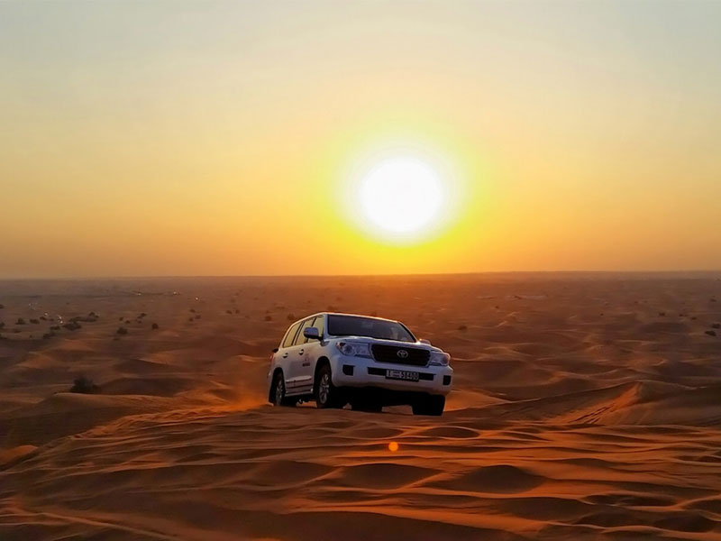 tourists enjoying dune bashing in the red sand of dubai, with delicious bbq and belly dancer with tanoura and fire shows, along with camel rides and quad biking on a evening desert safari dubai
